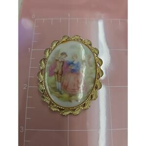 Vintage Porcelain Romantic Scene Courting Couple Brooch Pin Signed Fragonard